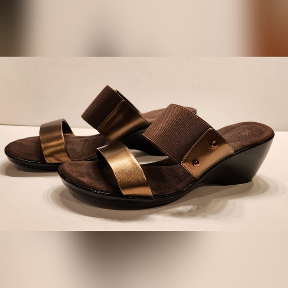 DexFlex Wedges Bronze Metallic Faux Leather Open Toe Mule Heel Sandal 11 Wide - Picture 3 of 7